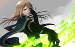  adjusting_eyewear black_gloves brown_eyes brown_hair cape cape_lift cloud cloudy_sky glasses gloves jade_curtiss long_hair magic niiko sky tales_of_(series) tales_of_the_abyss 