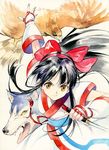  agahari bird black_hair bow brown_eyes fingerless_gloves gloves graphite_(medium) hair_bow hairband hawk long_hair mamahaha nakoruru paint_(medium) red_bow samurai_spirits shikuru solo traditional_media wolf 