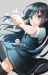  1girl asashio_(kantai_collection) belt black_hair black_legwear blue_eyes buttons comah cowboy_shot dress eyebrows_visible_through_hair grey_background hair_between_eyes highres kantai_collection long_hair neck_ribbon open_mouth pinafore_dress punching remodel_(kantai_collection) ribbon school_uniform shirt short_sleeves simple_background sleeves_rolled_up solo standing thighhighs white_shirt 