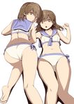  alternate_hairstyle ass barefoot bikini brown_eyes brown_hair futami_ami futami_mami hair_down idolmaster idolmaster_(classic) inu_(aerodog) looking_back lying multiple_girls open_mouth sailor_bikini sailor_collar sailor_swimsuit_(idolmaster) short_hair siblings sisters swimsuit twins 