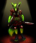  canine female green_eyes mammal nexus_folf radioactive solo spikes vallhund weapon 