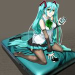  aqua_hair cellphone detached_sleeves green_eyes hatsune_miku long_hair phone sitting skirt solo thighhighs twintails very_long_hair vocaloid wariza yuki_tarou 