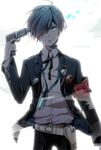  blue_eyes blue_hair digital_media_player evoker finger_on_trigger gun gun_to_head hair_over_one_eye headphones holding holding_gun holding_weapon male_focus persona persona_3 school_uniform shuu_moto simple_background solo tears weapon yuuki_makoto 