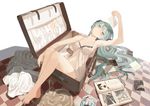  arm_up armpits babydoll barefoot checkered checkered_floor clothes hatsune_miku highres in_container long_hair navel photo_(object) photo_album solo suitcase throtem very_long_hair vocaloid 