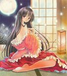  airbrush_(medium) back barefoot black_hair branch dress fireflies full_moon grass hand_on_own_chest head_tilt houraisan_kaguya indoors jeweled_branch_of_hourai lamp leaf_print long_hair looking_at_viewer marker_(medium) moon night off_shoulder parted_lips red_eyes sitting sliding_doors solo tatami tegaki_no_yuu touhou traditional_media very_long_hair wariza 