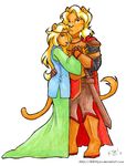  armor blonde_hair boots cersei_lannister clothing duo feline female fur game_of_thrones green_eyes grown hair incest jaime_lannister ktkitty42 lion male mammal pants plain_background ring sibling species_swap sword tiara weapon white_background yellow_fur 