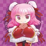  bandages breast_hold breasts chain character_name checkered checkered_background crossed_arms cuffs double_bun ibaraki_kasen large_breasts looking_at_viewer mizuki_hitoshi pink_eyes pink_hair shackles short_hair smile solo touhou 