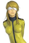  arms_behind_back blindfold blonde_hair bodysuit breasts lips long_hair medium_breasts military military_uniform mori_yuki parted_lips realistic science_fiction solo uchuu_senkan_yamato uchuu_senkan_yamato_2199 uniform watanabe_yasuaki yellow_bodysuit 