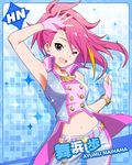  ;d artist_request bracelet character_name contrapposto crop_top fingerless_gloves gloves idolmaster idolmaster_million_live! jewelry looking_at_viewer maihama_ayumu million_dreams multicolored_hair navel necklace official_art one_eye_closed open_mouth pink_eyes pink_hair smile solo standing 