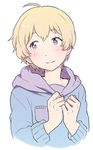  bad_id bad_pixiv_id blonde_hair blush haru_(tsuritama) hood hoodie male_focus naruko_(nalcoro) purple_eyes smile solo tsuritama 