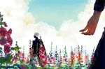  blue_sky cloud day fingerless_gloves flower gloves hatake_kakashi hollyhock long_sleeves lotus_temple male_focus mask multiple_boys naruto naruto_(series) out_of_frame pants plant profile scenery silver_hair sky soft_focus solo_focus standing umino_iruka 
