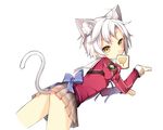  ahoge animal_ears blush cat_ears cat_tail eiyuu_densetsu fie_claussell food food_in_mouth long_sleeves looking_at_viewer mouth_hold paw_pose saru school_uniform sen_no_kiseki short_hair simple_background skirt solo tail toast toast_in_mouth white_background white_hair yellow_eyes 