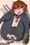  anal anal_beads anal_object_insertion blush brown_hair cameltoe collagen hair_ornament hairclip highres ikazuchi_(kantai_collection) kantai_collection looking_at_viewer navel object_insertion open_mouth pantyhose school_uniform serafuku solo sweat torn_clothes torn_legwear 