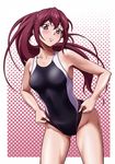  adjusting_clothes adjusting_swimsuit blush breasts competition_swimsuit free! frown highleg highleg_swimsuit highres kijinaka_mahiro long_hair matsuoka_gou medium_breasts one-piece_swimsuit ponytail red_eyes red_hair solo swimsuit 