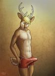  antlers bask blonde_hair blue_eyes bulge cervine deer erection fur hair horn male mammal navel nipples penis solo stag standing tan_fur topless underwear 