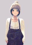  beanie black_eyes black_hair contemporary hands_in_pockets hat mablex original overalls pullover short_hair simple_background solo 
