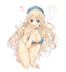  atago_(kantai_collection) barefoot bikini blonde_hair blue_eyes blush breasts cleavage curly_hair full_body hat heart highres kantai_collection kneeling large_breasts long_hair open_mouth serino_itsuki shiny shiny_skin simple_background skindentation smile solo swimsuit thigh_gap translated white_background 