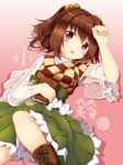  arm_up bell book boots brown_hair fukaiton gradient gradient_background hair_bell hair_ornament japanese_clothes kimono long_sleeves looking_at_viewer lying motoori_kosuzu on_back open_mouth pink_background purple_eyes sash solo touhou two_side_up 