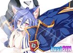  1girl after_sex ahoge animal_ears back bed blazblue blue_hair blush breasts cape cat cat_ears cleavage coat cosplay crossover eien_no_kurayami fang iris_heart japanese_clothes jin_kisaragi jin_kisaragi_(cosplay) kami_jigen_game_neptune_v large_breasts light light_particles looking_at_viewer military military_uniform morning muscle naked_coat naughty_face neptune_(series) red_eyes spandex sunlight symbol-shaped_pupils uniform 