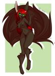  aimi anthro big_ears breasts brown_fur canine female fluffy_tail fur glowing glowing_eyes green_background green_eyes hair mammal navel nipples nude plain_background red_hair solo 