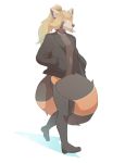  2017 anthro blonde_hair bottomless clothed clothing collar convenient_censorship front_view green_eyes hair hi_res long_hair male mammal o-ro open_jacket piercing simple_background solo walking white_background 