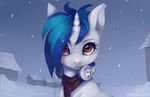  blue_hair blush building clothing equine eyelashes female feral friendship_is_magic fur hair headphones horn horse imalou mammal my_little_pony outside pony portrait red_eyes scarf sky snow snowing solo two_tone_hair unicorn vinyl_scratch_(mlp) white_fur 