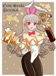  animal_ears bottle bow bowtie breasts bunny_ears bunny_tail bunnysuit cleavage cup detached_collar eiyuu_senki fingerless_gloves gauntlets gloves highres large_breasts leonard_liew long_hair mug pantyhose sir_percival_(eiyuu_senki) tail white_hair 