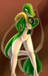  4_fingers anthro anthrofied bald breasts brown_background eyelashes female fist hi_res lizard nintendo nipples nude penlink plain_background pok&#233;mon pok&eacute;mon pussy raised_arm red_eyes reptile scalie snake snivy solo standing video_games white_eyes 
