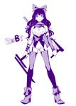  ankle_boots blake_belladonna boots bow copyright_name dual_wielding full_body gun hair_bow handgun holding kama_(weapon) long_hair monochrome pantyhose pistol rwby shinoasa sickle solo weapon white_background 