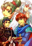  2boys 2girls aqua_hair armor belt blue_eyes blue_hair cape crown dress earrings eliwood eliwood_(fire_emblem) fire_emblem fire_emblem:_rekka_no_ken green_eyes green_hair hector hector_(fire_emblem) jewelry lyndis_(fire_emblem) multiple_boys multiple_girls ninian nintendo ponytail sword weapon 