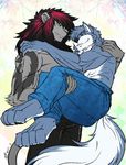  anthro biceps black_hair black_nose blue_fur canine claws clothing couple duo embrace feline fliegen80s fur gay green_eyes grin gripping hair holding karmakat legs_up lion male mammal muscles pants pawpads paws pecs pose red_hair simple_background smile standing tattoo toe_claws topless white_fur wolf yellow_eyes 