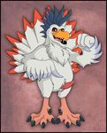  anthro avian barefoot bird black_eyes chicken claws digimon erection feathers fur happy hi_res isabellaprice kokatorimon looking_at_viewer male nude open_mouth orange_nose penis pink_background pink_penis plain_background raised_arm red_eyes red_fur sharp_teeth smile solo standing teeth toe_claws toes tongue white_fur wings 