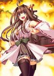  :d ahoge black_eyes black_legwear boots brown_hair detached_sleeves double_bun frilled_skirt frills hair_ornament hairband headgear japanese_clothes kantai_collection kongou_(kantai_collection) long_hair looking_at_viewer open_mouth ribbon-trimmed_sleeves ribbon_trim skirt smile solo takanashi-a thigh_boots thighhighs v-shaped_eyebrows wide_sleeves 
