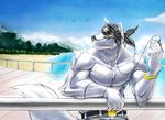  anthro bandanna beach belt biceps black_nose canine chest_tuft clothing fliegen80s fur grey_fur headphones jeans male mammal muscles music_player pants pecs pose seaside sky solo standing topless tuft water white_fur yellow_eyes 