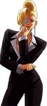  bangs blonde_hair blue_eyes contrapposto earrings eyepatch formal hair_over_one_eye hand_to_own_mouth jewelry lipstick makeup mature_(kof) official_art ogura_eisuke pant_suit pompadour short_hair shoulder_pads sleeveless solo standing suit the_king_of_fighters the_king_of_fighters_xii transparent_background 