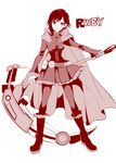  boots cape copyright_name cross dress full_body monochrome pantyhose red ruby_rose rwby scythe shinoasa short_hair smile solo weapon white_background 