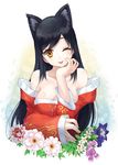  :p ahri animal_ears bare_shoulders black_hair blush breasts cleavage detached_sleeves flower fox_ears large_breasts league_of_legends long_hair lono one_eye_closed solo tongue tongue_out upper_body yellow_eyes 