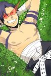  5-502 :d armpits arms_behind_head bandages belt blue_hair covered_navel eyelashes flower grass grin kamina kamina_shades looking_at_viewer lying male_focus muscle nipples on_back open_mouth plant red_eyes shirtless smile solo tattoo tengen_toppa_gurren_lagann v-shaped_eyebrows 