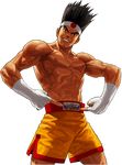  abs belt_buckle brown_hair buckle fingerless_gloves gloves grin headband joe_higashi male_focus muscle official_art ogura_eisuke pointing pointing_at_self shirtless shorts smile solo the_king_of_fighters the_king_of_fighters_xii 