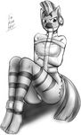  anthro anthrofied black_and_white bound dakuroihoshi equine female friendship_is_magic gag greyscale mammal mohawk monochrome my_little_pony piercing plain_background sitting solo straitjacket stripes zebra zecora_(mlp) 