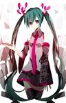  bad_id bad_pixiv_id copyright_name detached_sleeves etoranze green_hair hatsune_miku long_hair mousou_zei_(vocaloid) necktie paper pink_eyes skirt solo thighhighs twintails very_long_hair vocaloid white_background 