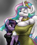  anthro anthrofied big_breasts blush breasts cleavage clothed clothing crown duo equine eyes_closed female friendship_is_magic fur gloves hair hand_on_head hand_on_shoulder horn horse huge_breasts jewelry looking_back looking_up mammal monochrome multi-colored_hair my_little_pony necklace nipples phurie pony princess princess_celestia_(mlp) purple_fur royalty size_difference smile tiara topless twilight_sparkle_(mlp) unicorn white_fur winged_unicorn wings 
