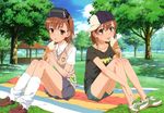  :p absurdres baseball_cap brown_hair casual day food hat head_mounted_display highres hiyamizu_yukie ice_cream ice_cream_cone long_legs loose_socks megami misaka_imouto misaka_imouto_9982 misaka_mikoto multiple_girls official_art outdoors panties pantyshot pantyshot_(sitting) park school_uniform short_hair sitting socks striped striped_panties sweater_vest to_aru_kagaku_no_railgun to_aru_majutsu_no_index tongue tongue_out tree underwear 