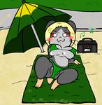  beach big_breasts blush breasts clothed clothing fangs female hamster hamtaro hamtaro_(series) looking_at_viewer lying mammal mini-ham on_back plump_labia red_eyes rodent roy_mccloud seaside skimpy solo source_request swimsuit 