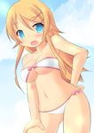  bandeau bikini blue_eyes blush body_blush cloud day fang hand_on_hip kourourin kousaka_kirino long_hair navel open_mouth orange_hair ore_no_imouto_ga_konna_ni_kawaii_wake_ga_nai shiny shiny_skin sky solo swimsuit 