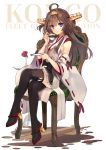  1girl ahoge aiguillette bangs bare_shoulders blush boots breasts brown_hair chair character_name cup detached_sleeves double_bun eyebrows_visible_through_hair full_body hairband headgear high_heel_boots high_heels holding holding_cup holding_saucer japanese_clothes kantai_collection kongou_(kantai_collection) large_breasts legs_crossed long_hair nontraditional_miko purple_eyes remodel_(kantai_collection) rudder_footwear shirokitsune sidelocks sitting skirt smile solo teacup thigh_boots thighhighs wide_sleeves 