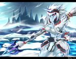  anthro armor cleavage clothed clothing equine female hair horn ice kirin loincloth looking_at_viewer mammal monster_hunter red_eyes skykain snow solo video_games weapon white_hair 