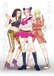  black_hair double_bun drink ermes_costello foo_fighters green_hair gun hairlocs jojo_no_kimyou_na_bouken kuujou_jolyne multiple_girls pink_hair pointing qulae school_uniform serafuku sticker weapon 