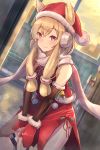  1girl animal_ears arm_warmers armpit_crease azur_lane backlighting bangs bare_shoulders bell blonde_hair blue_ribbon blush closed_mouth commentary_request day door dress dutch_angle earmuffs ears_through_headwear fur_trim hair_between_eyes hat highres holding holding_sack indoors legs_apart long_hair looking_at_viewer mittens pantyhose pelvic_curtain red_dress red_eyes red_hat ribbon sack santa_hat scarf side_slit sidelocks sleeveless sleeveless_dress smile solo standing striped striped_ribbon twitter_username v_arms warspite_(azur_lane) white_legwear white_scarf yu_ni_t 