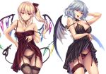  2girls alternate_costume bangs bare_arms bare_shoulders bat_wings black_legwear black_panties blonde_hair blue_hair breasts choker cleavage closed_mouth clothes_lift collarbone cowboy_shot crystal detached_collar dress dress_lift eyebrows_visible_through_hair fangs fingernails flandre_scarlet floral_print garter_belt hair_between_eyes hair_ribbon hand_on_hip head_tilt highres laevatein_(tail) large_breasts leg_garter lifted_by_self lingerie lips long_hair looking_at_viewer moneti_(daifuku) multiple_girls nail_polish navel negligee off_shoulder older open_mouth panties pointy_ears purple_nails red_dress red_eyes red_ribbon remilia_scarlet ribbon ribbon_choker siblings side_ponytail simple_background sisters smile standing strap_gap strap_slip tail thighhighs touhou underwear white_background wings 